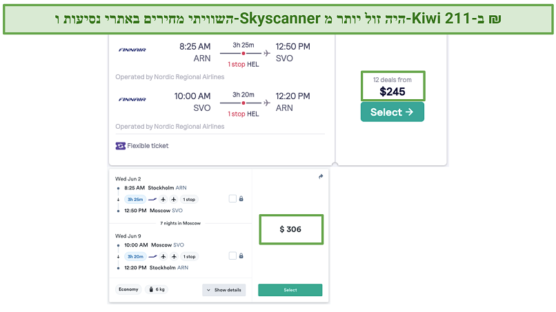 Screenshot showing Skyscanner being $61 cheaper than Kiwi in price comparisons