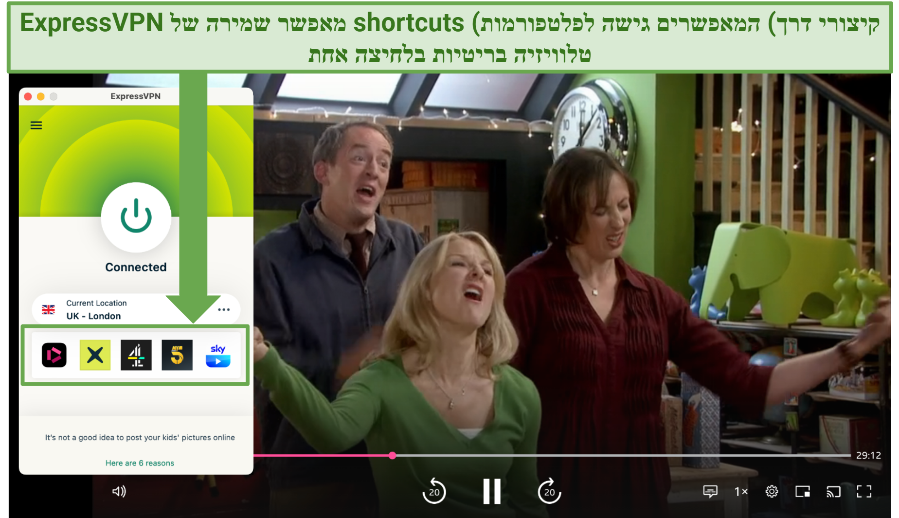 Screenshot showing the ExpressVPN app connected to a UK server over a browser streaming the BBC iPlayer