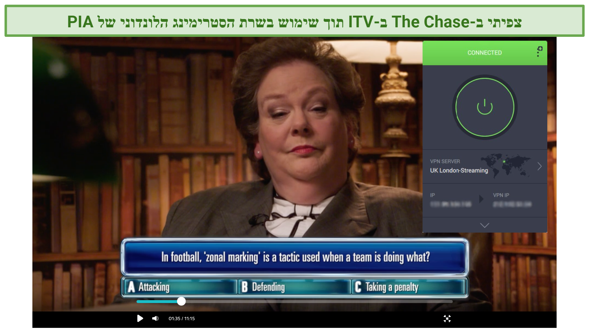 Screenshot showing The Chase streaming on ITV while using PIA