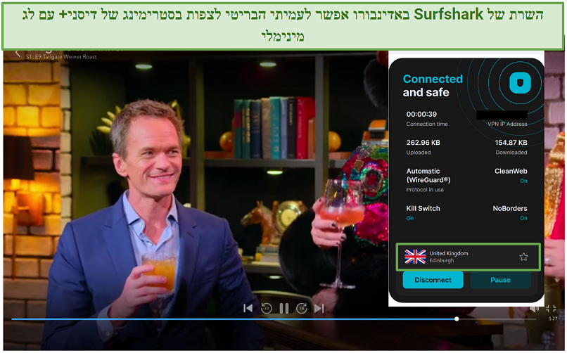 Screenshot of Surfshark working with Disney+ UK on its Edinburgh server