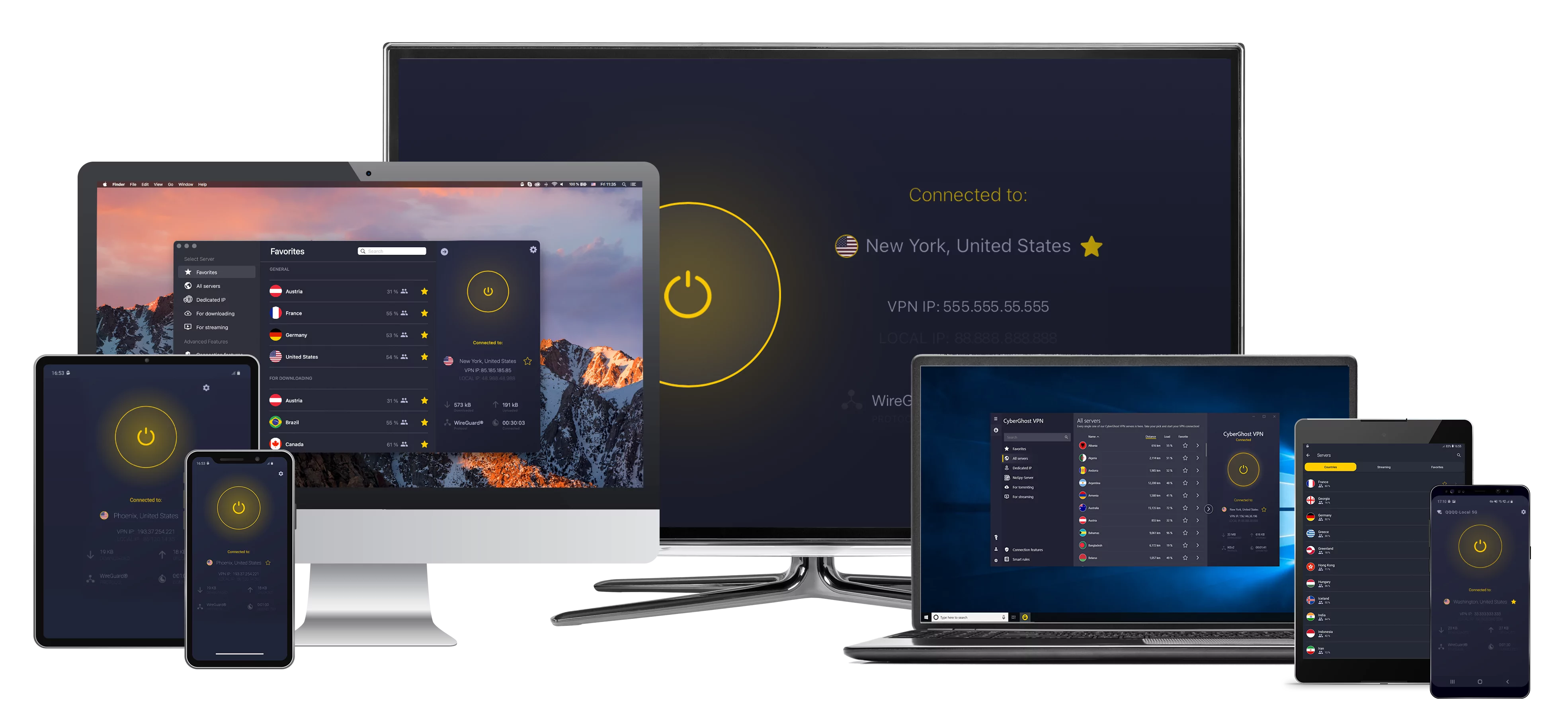 graphic of cyberghost 8 apps user interface on different devices like laptops, desktops, and smartphones