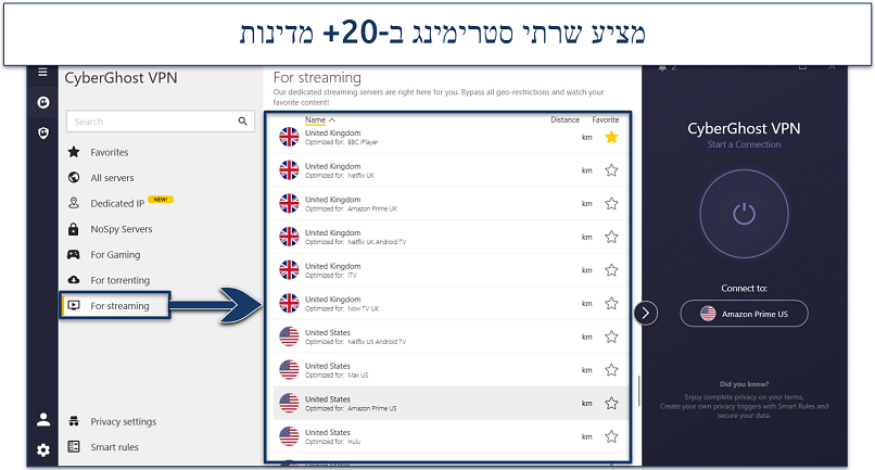 צילום מסך של שרתי הסטרימינג של CyberGhost