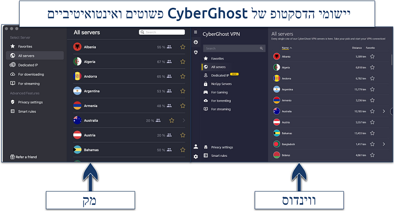 צילום מסך של אפליקציות השולחן העבודה של CyberGhost