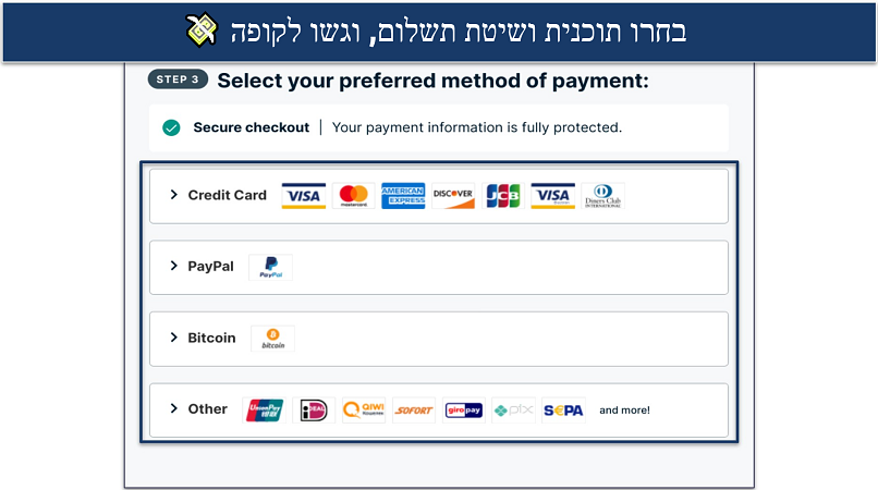 A screenshot of ExpressVPN's checkout page showing payment options