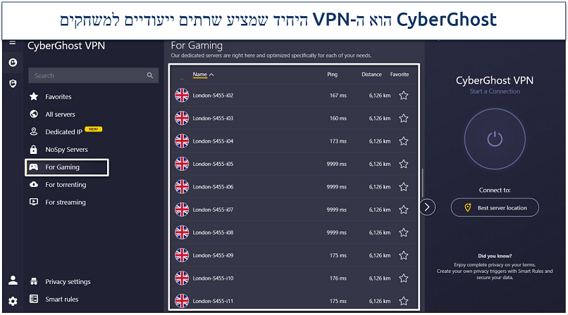 תמונה המראה את ממשק היישום הראשי של CyberGhost