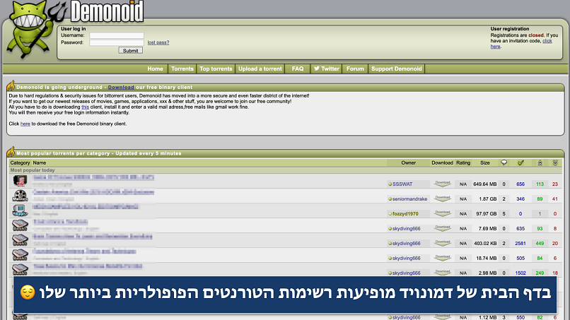 Screenshot of the Demonoid homepage