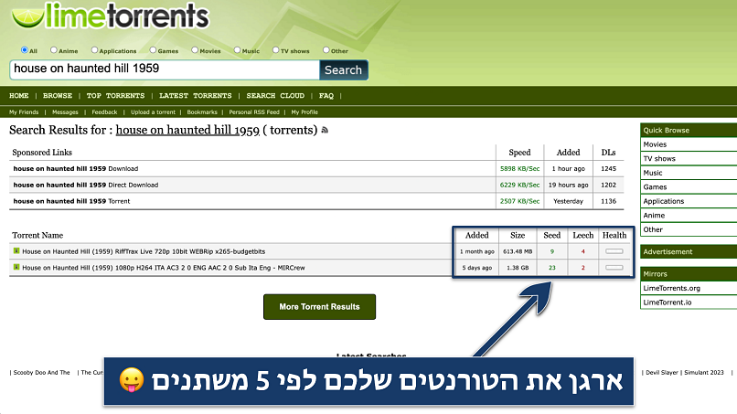 Screenshot of the limetorrents search results page