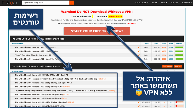 Screenshot of the Torlock results page