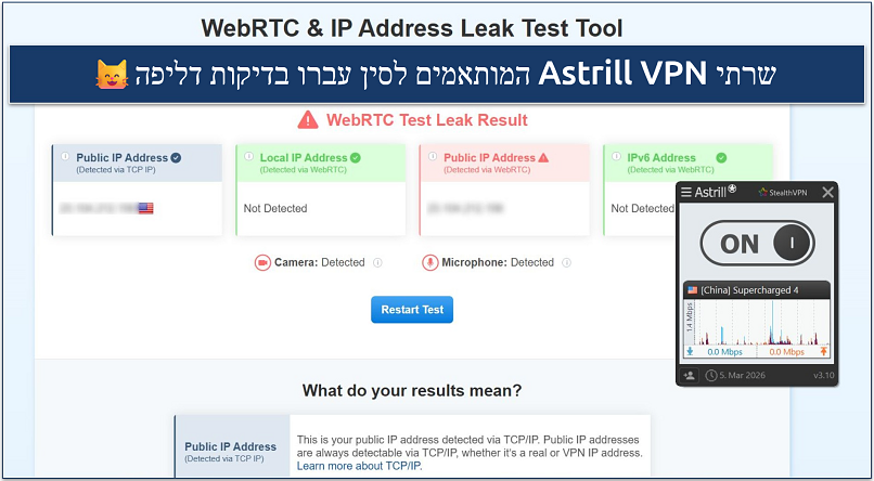 Screenshot showing Astrill VPN passed IP/DNS/WebRTC leak tests