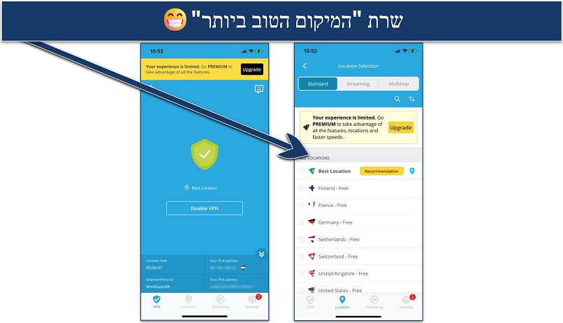 Screenshot of the free servers list in the hide.me iOS appScreenshot of the free servers list in the hide.me iOS app