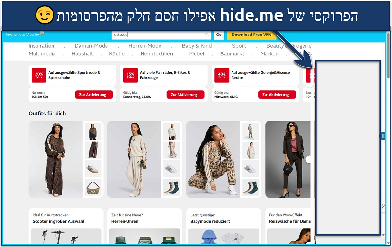 Screenshot of the Otto.de marketplace loaded via the hide.me web proxy