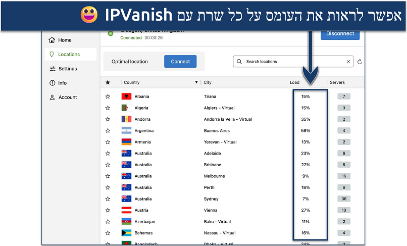 Screenshot of IPVanish's Windows app highlighting he server list