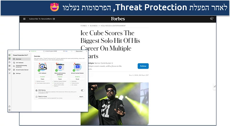 Screenshot of Forbes without ads when NordVPN's Threat Protection is enabled